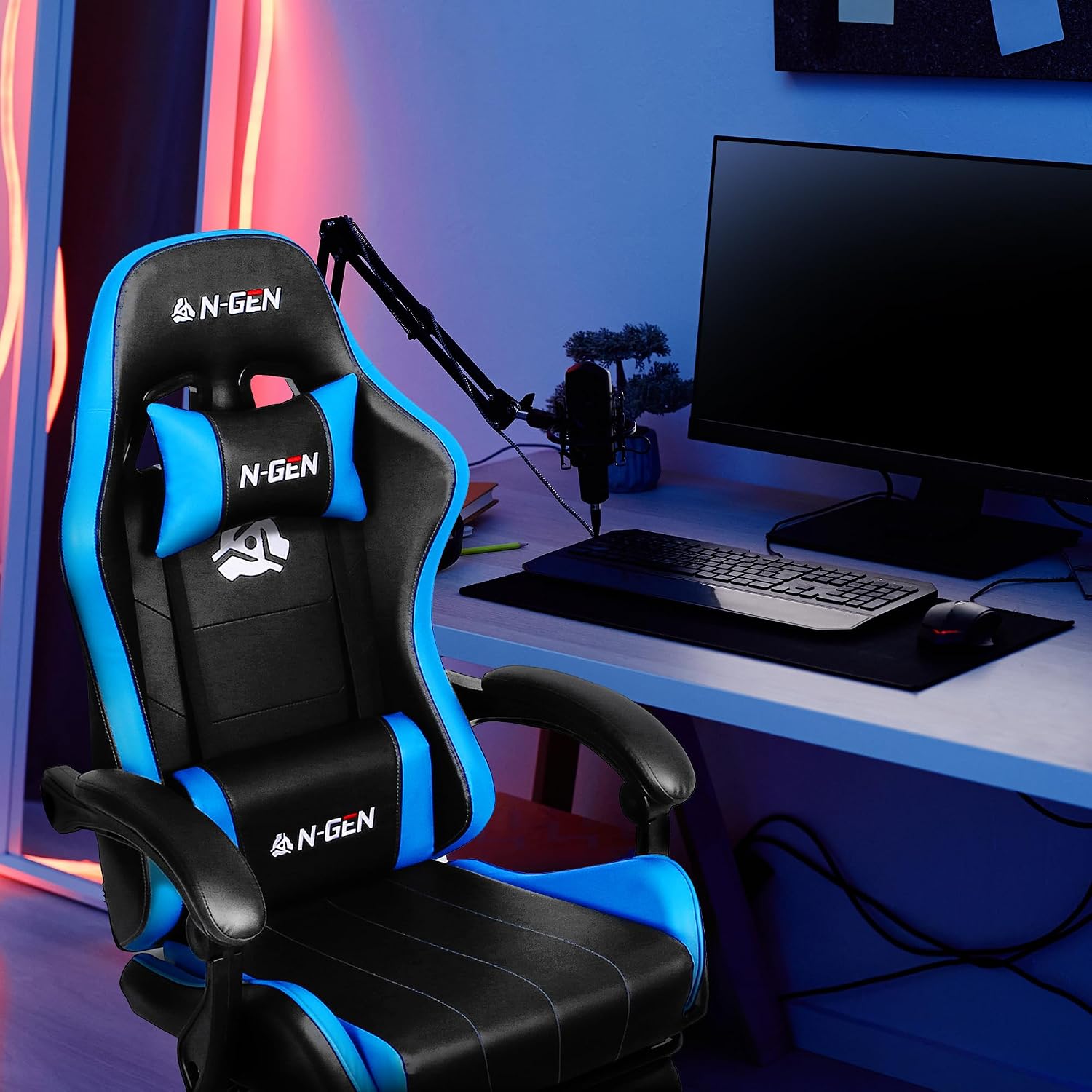 NEO CHAIR Video Gaming Chair with Footrest High Back Ergonomic Comfortable Office Computer Desk with Lumbar Support Height Adjustable with PU Leather Recliner for Adults Women Men (Blue)