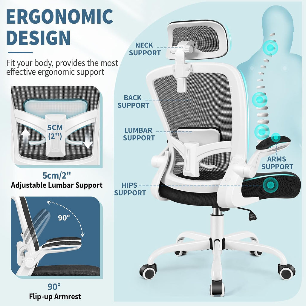 FelixKing Office Chair, Desk Chair with Adjustable Lumbar Support, Ergonomic Computer Chair with High Back and Armrest, Adjustable Height Gaming Chair Home Office Swivel Chair(White)