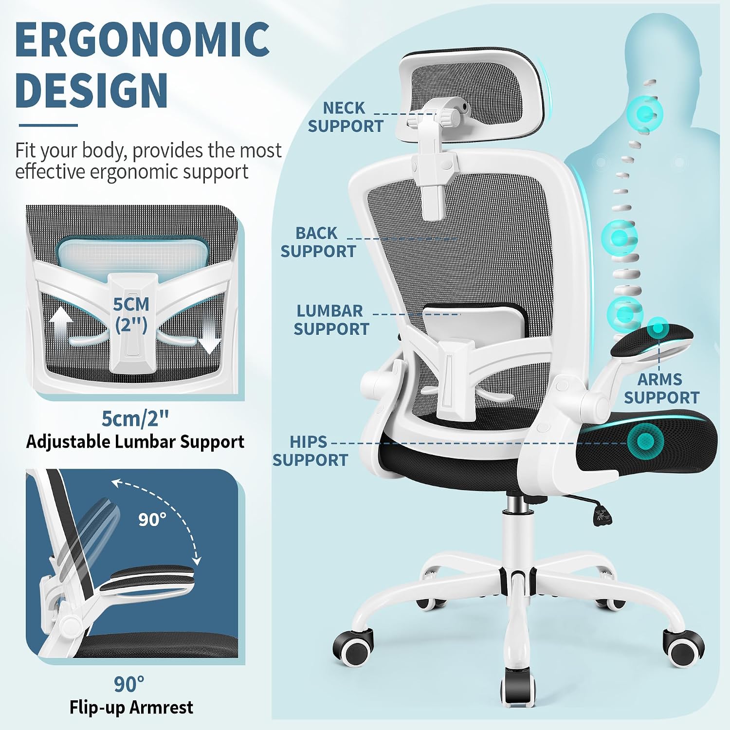 FelixKing Office Chair, Desk Chair with Adjustable Lumbar Support, Ergonomic Computer Chair with High Back and Armrest, Adjustable Height Gaming Chair Home Office Swivel Chair(White)