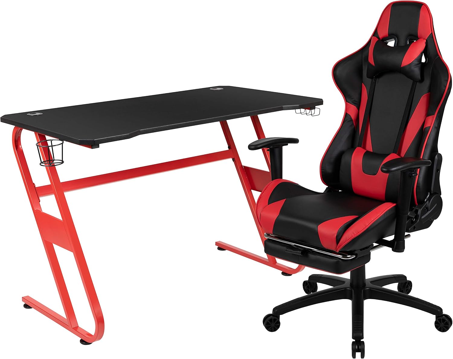 Flash Furniture Red Gaming Desk and Red/Black Footrest Reclining Gaming Chair Set with Cup Holder and Headphone Hook