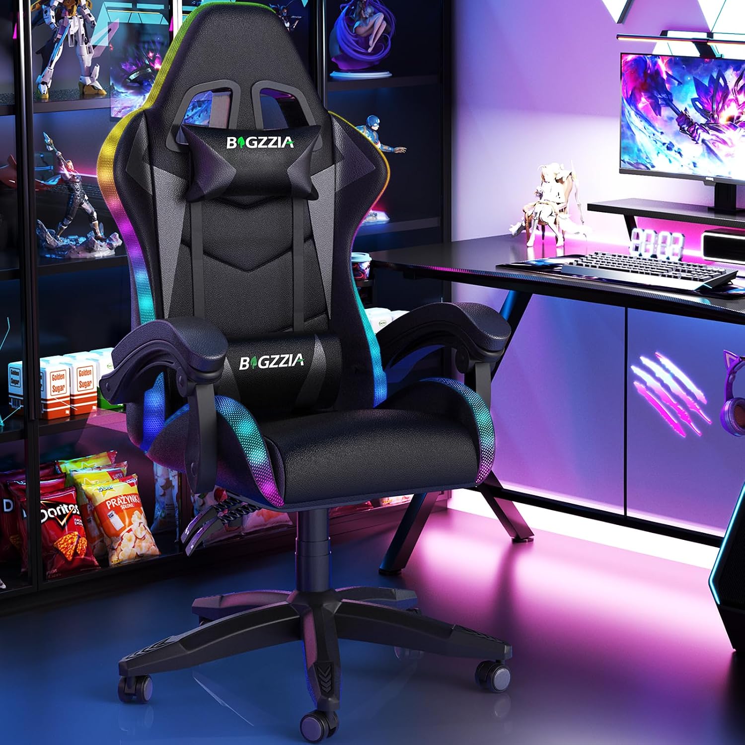 Racingreat Gaming Chair with RGB LED Lights, Ergonomic Computer Chair with Headrest and Lumbar Support, PU Leather High Back Height Adjustable Swivel Video Game Chairs for Adults(Black)