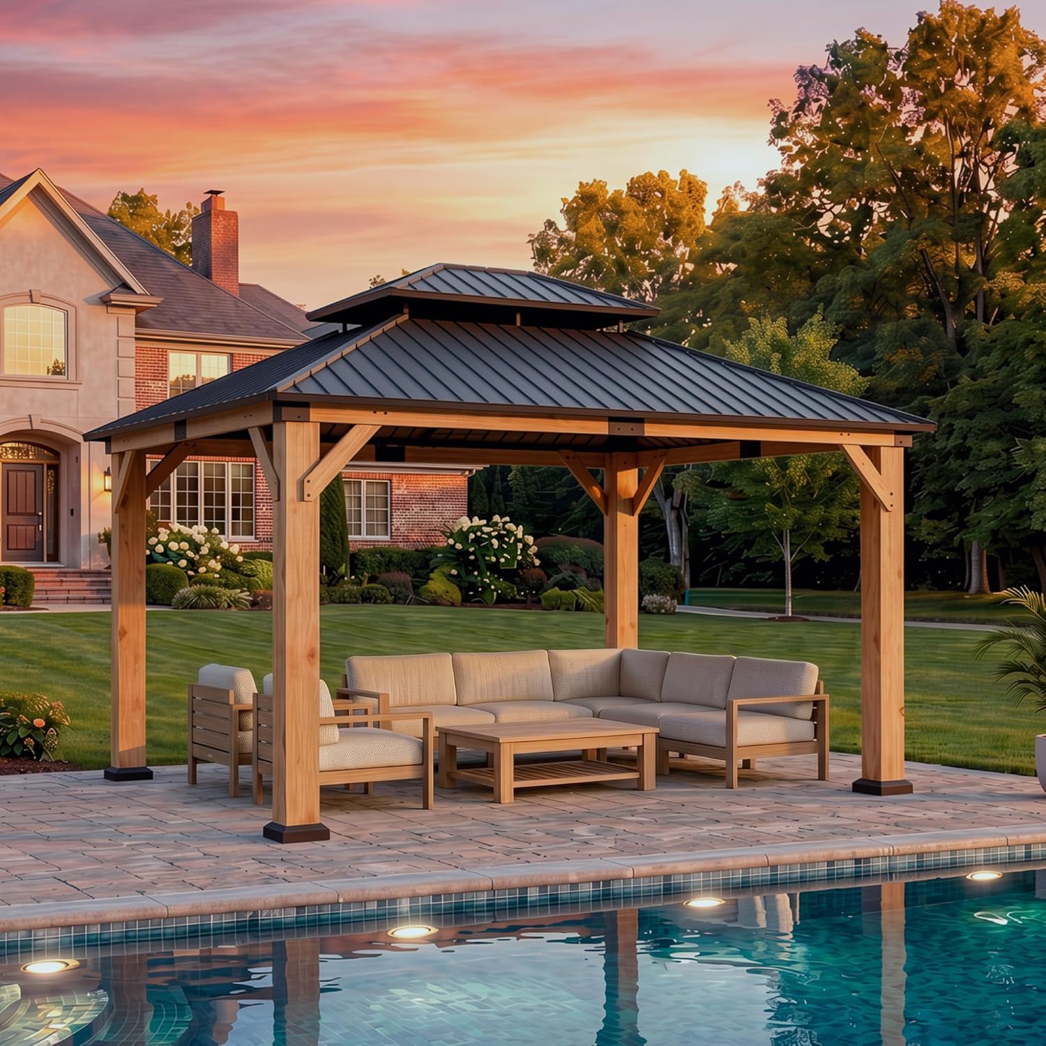 10' x 12' Wood Gazebo, Hardtop Gazebo Permanent Wooden Pavilion with Galvanized Steel Double Roof, Cedar Outdoor Gazebo with 4.72' Thick Posts for Patio, Backyard, Garden and Deck