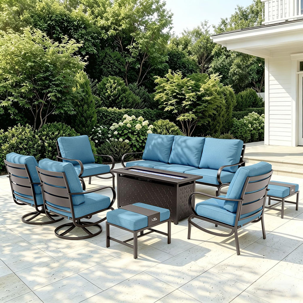 PHI VILLA Outdoor Patio Furniture Set, Swivel Sofa Chairs & 3 Deep Seat Sofa Bench, Gas Firepit Table, Upgraded Fabric Suitable for Outdoor Use, 8 PCS Navy Blue