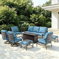 PHI VILLA Outdoor Patio Furniture Set, Swivel Sofa Chairs & 3 Deep Seat Sofa Bench, Gas Firepit Table, Upgraded Fabric Suitable for Outdoor Use, 8 PCS Navy Blue