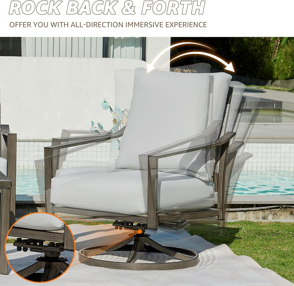 NATURAL EXPRESSIONS Patio Furniture Set,4 Piece Outdoor Conversation Metal Swivel Rocking Chairs Set with Hand-Woven Rope High Back,Sturdy Hand Brushed Wood Grain Finish Frame,6' Cushions for Yard