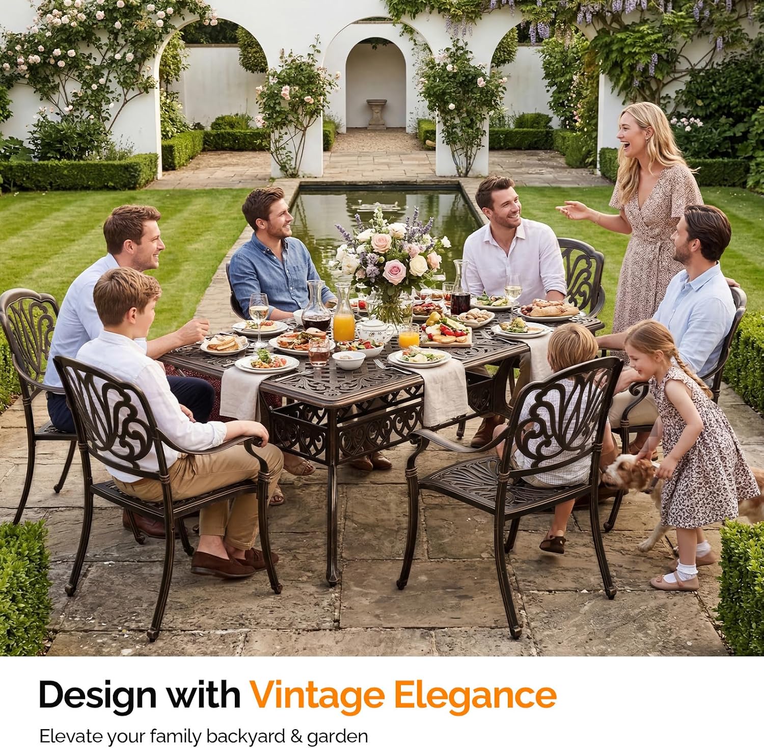 VINGLI 7-Piece Outdoor Dining Set, Cast Aluminum Patio Furniture Set for 6 with Umbrella Hole, Rectangular Outdoor Dining Table & 6 Stackable Chairs, All-Weather Garden/Poolside Dining Set Bronze