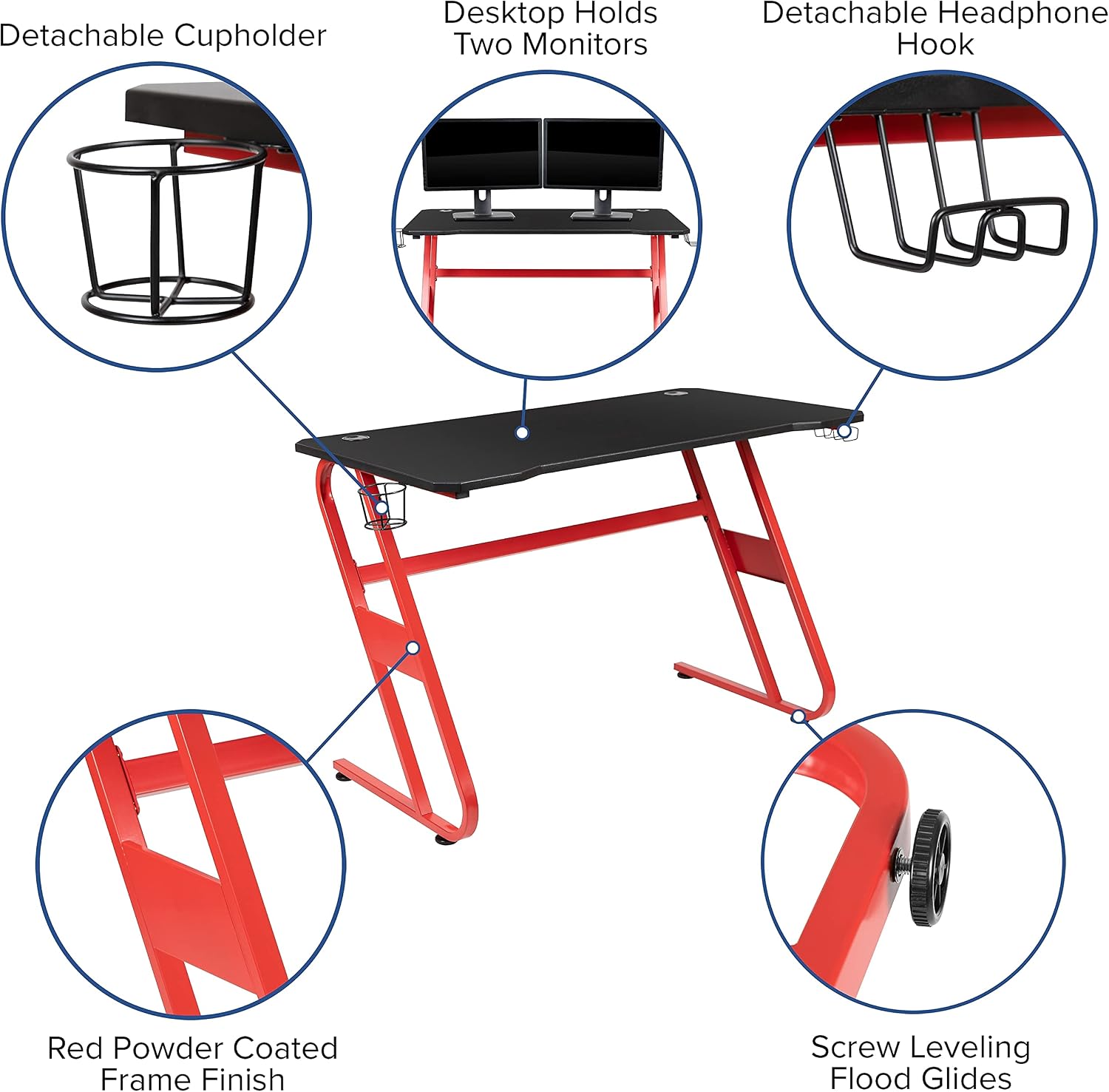 Flash Furniture Red Gaming Desk and Black Footrest Reclining Gaming Chair Set with Cup Holder and Headphone Hook
