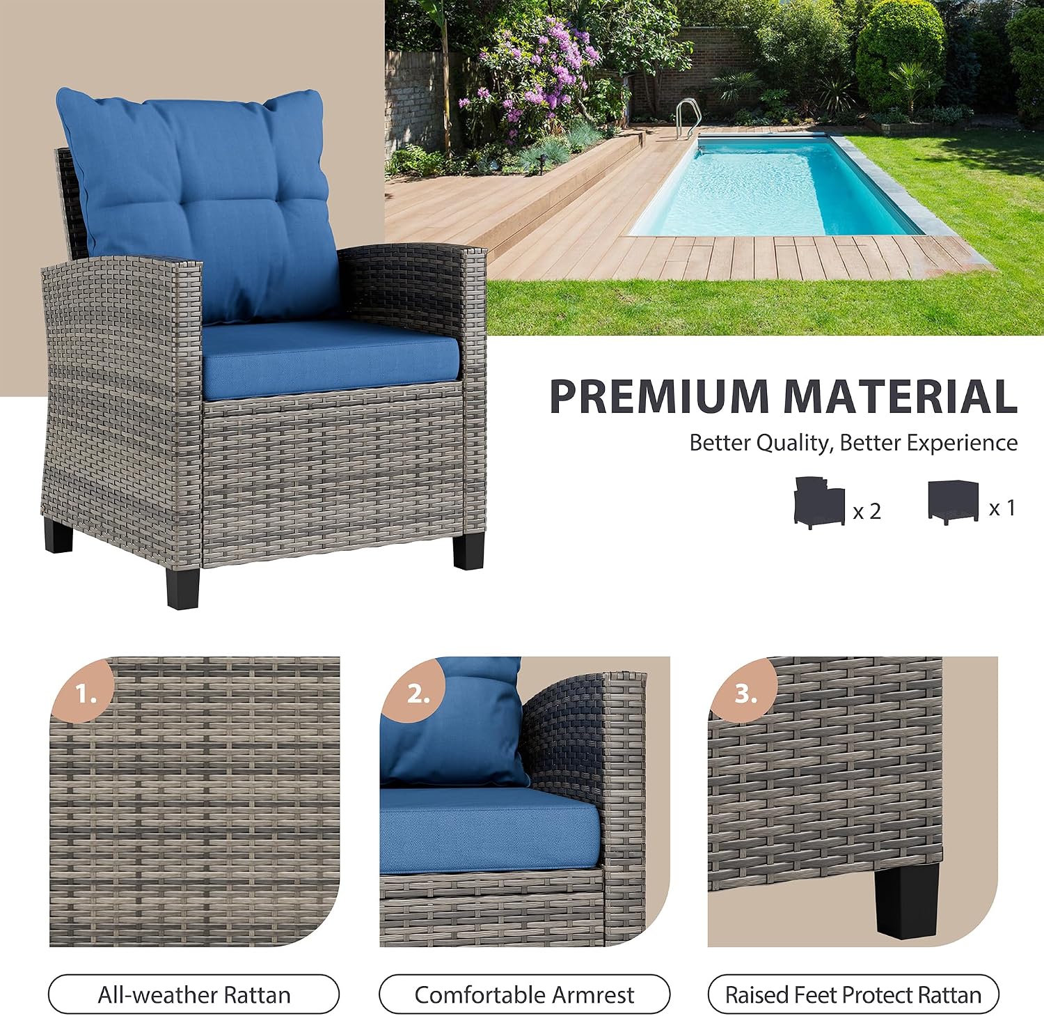 Vongrasig 3 Pieces Patio Furniture Set Small Outdoor Wicker Rattan Front Porch Bistro Set Cushioned Patio Chairs Conversation Set with Glass Table for Lawn, Garden, Backyard, Balcony, Blue