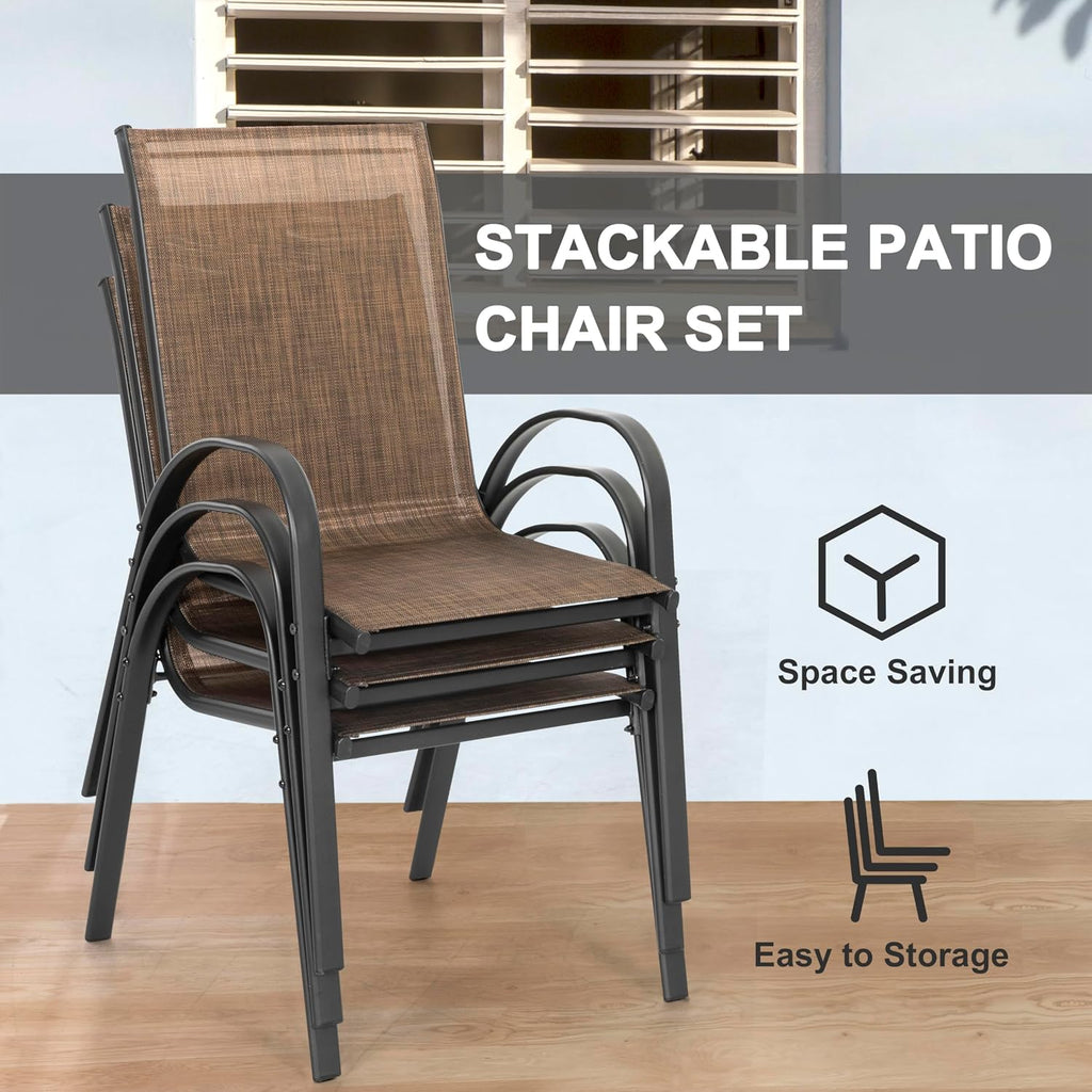 NUU GARDEN 5 PCS Patio Dining Set, Metal Outdoor Table and Chairs, with 4 Stackable Chairs and 31.5'' Square Table with Umbrella Hole, Outdoor Dining Set for Lawn, Balcony, Garden, Black and Brown