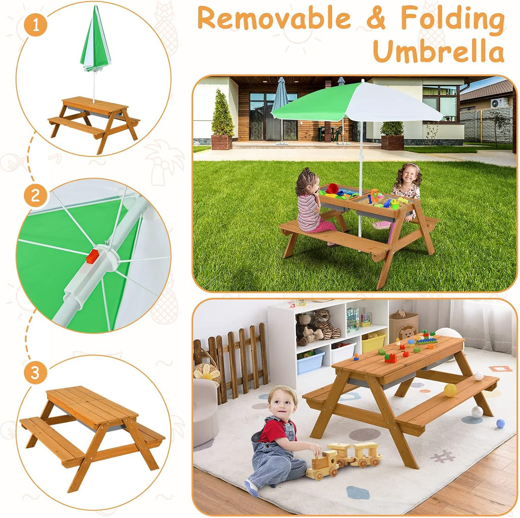 HONEY JOY Kids Picnic Table, 4 in 1 Cedar Wooden Sand & Water Table w/ 2 Removable Box & Umbrella, Kids Picnic Tables for Outdoors Backyard Garden, Toddler Patio Furniture Set for Boys Girls(Natural)
