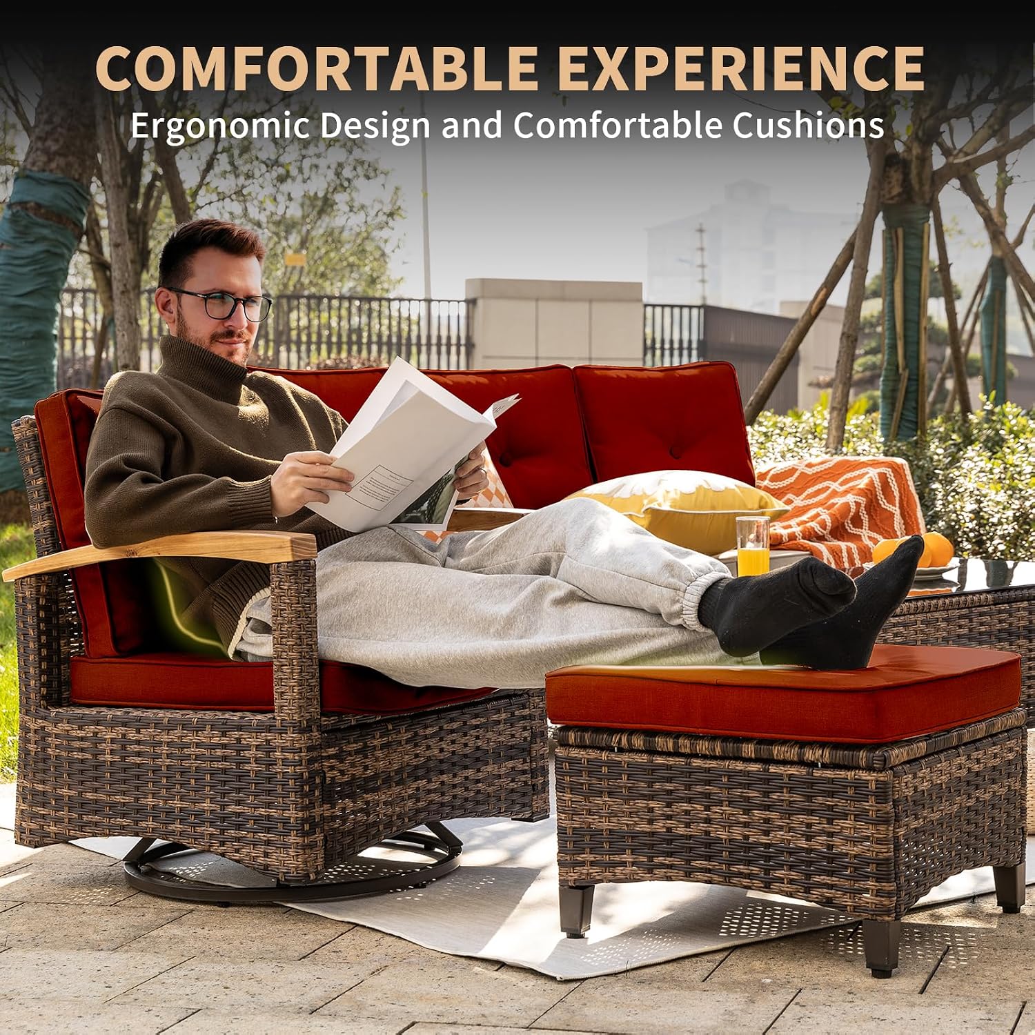 MEISSALIVVE 7 Pieces Outdoor Patio Furniture Sets, Wicker Patio Conversation Sets with 2 Wood Armrests Swivel Glide Chairs, Outdoor Couch for Deck Yard and Poolside (Red)