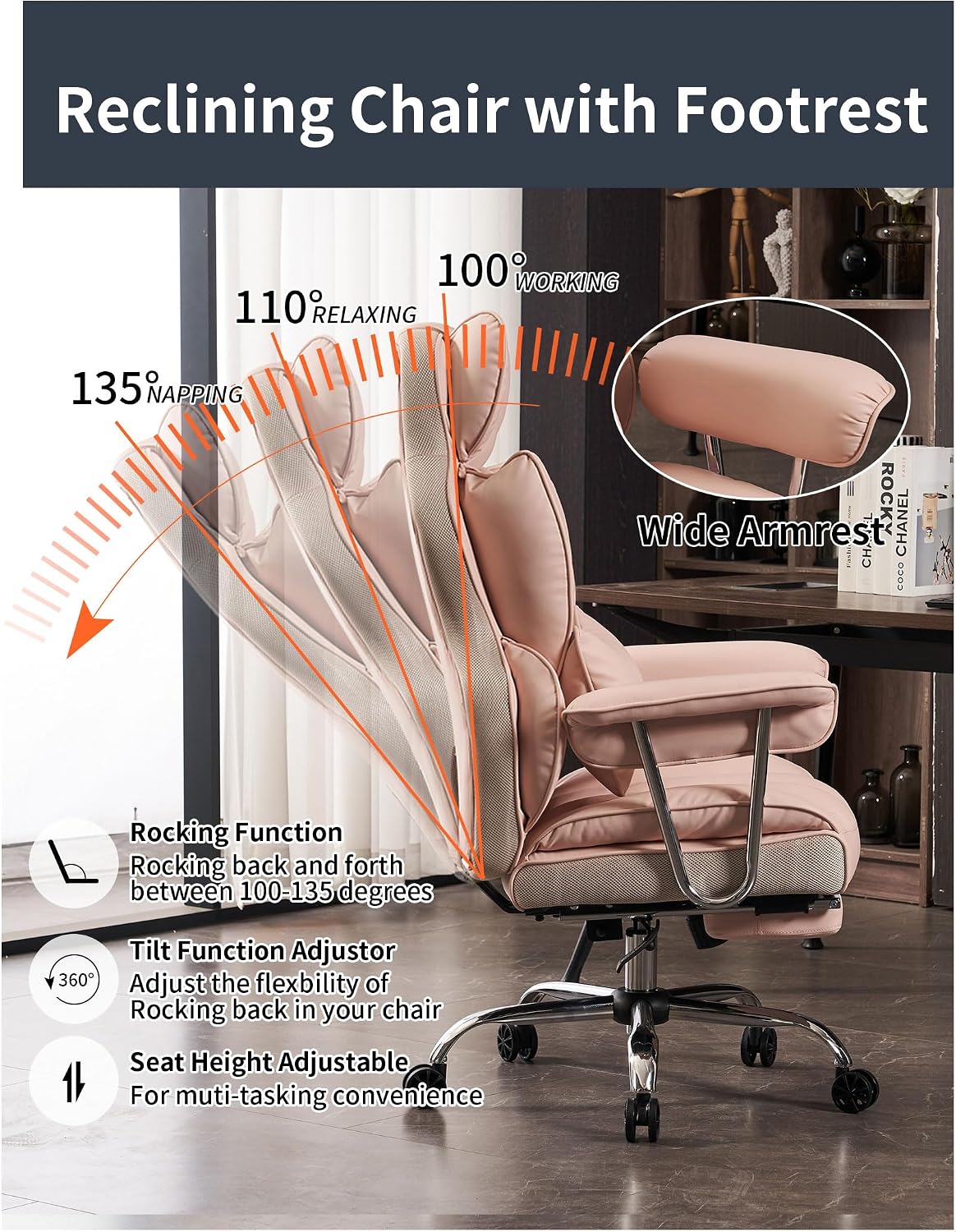 Efomao Big and Tall Office Chair 400LBS - Pink Heavy Duty Executive Office Chair with Footrest, Ergonomic Home Office Desk Chair, Wide Computer Chair for Heavy People