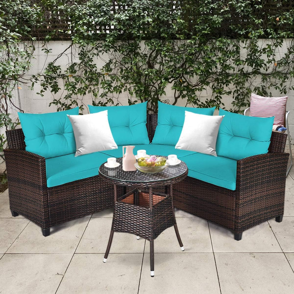 Tangkula 4-Piece C Shape Patio Furniture Set, Outdoor Corner Wicker Rattan Sectional Cushioned Sofa Set, with Glass Coffee Table, for Garden Poolside Balcony (Turquoise)