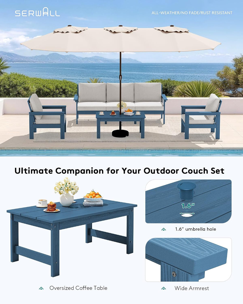 SERWALL HDPE Patio Conversation Set, 6-piece Sectional Outdoor Furniture Set, All Weather Outdoor Couch Set Patio Furniture Set for Deck, Lawn, Blue Frame with Beige Cushion