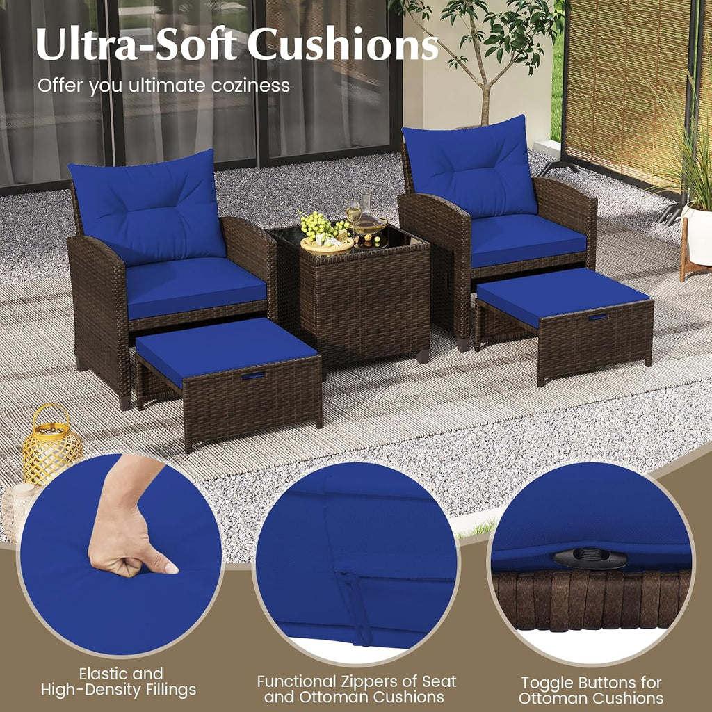 KOTEK 5 Pieces Patio Furniture Set with Ottomans, Wicker Patio Conversation Set with Coffee Table & Cushions, PE Rattan Outdoor Lounge Chairs for Backyard, Porch, Poolside (Mix Brown- Navy)