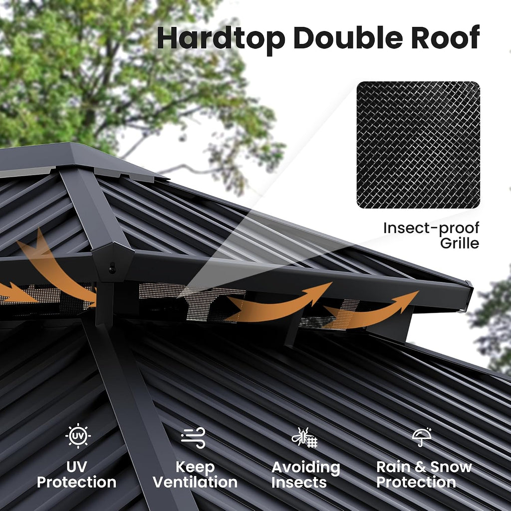 COSIEST 12X16 FT Hardtop Gazebo Rustproof Double Roof Metal Gazebo with Steel Columns & Netting Curtains Poolside,Deck,BBQ Area (Dark Gray)