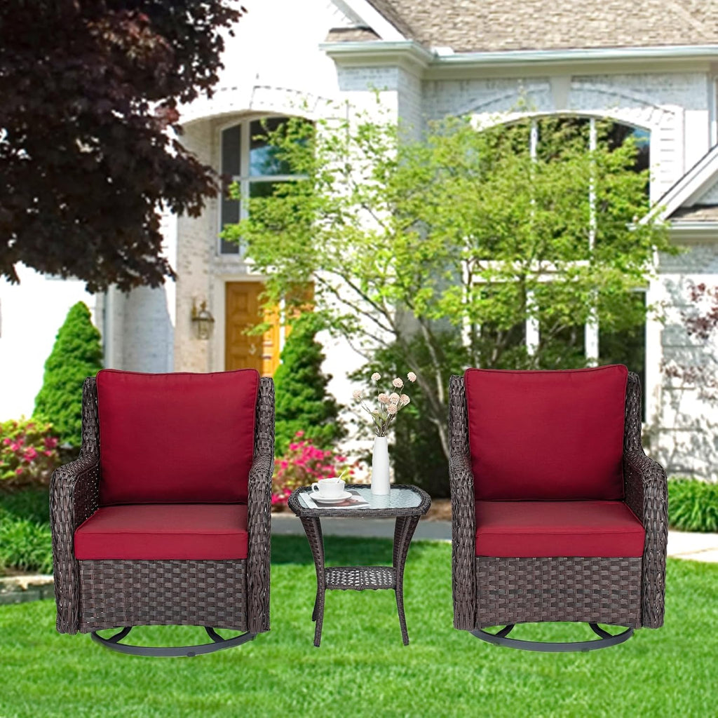 GarveeHome 3-Piece Outdoor Wicker Rattan Swivel Rocking Chair Set with Armored Glass Side Table & Premium Cushions - 360° Swivel Patio Furniture for Backyard, Porch, Deck, Balcony, Garden, Red