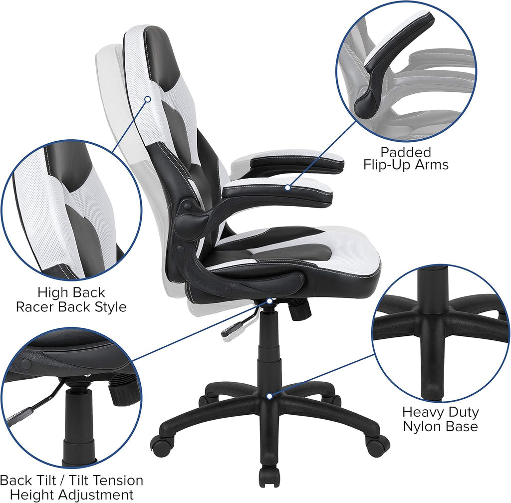 Flash Furniture X10 High-Back LeatherSoft Racing Style Gaming Chair with Flip-Up Arms, Ergonomic Padded Swivel Computer Chair, White/Black