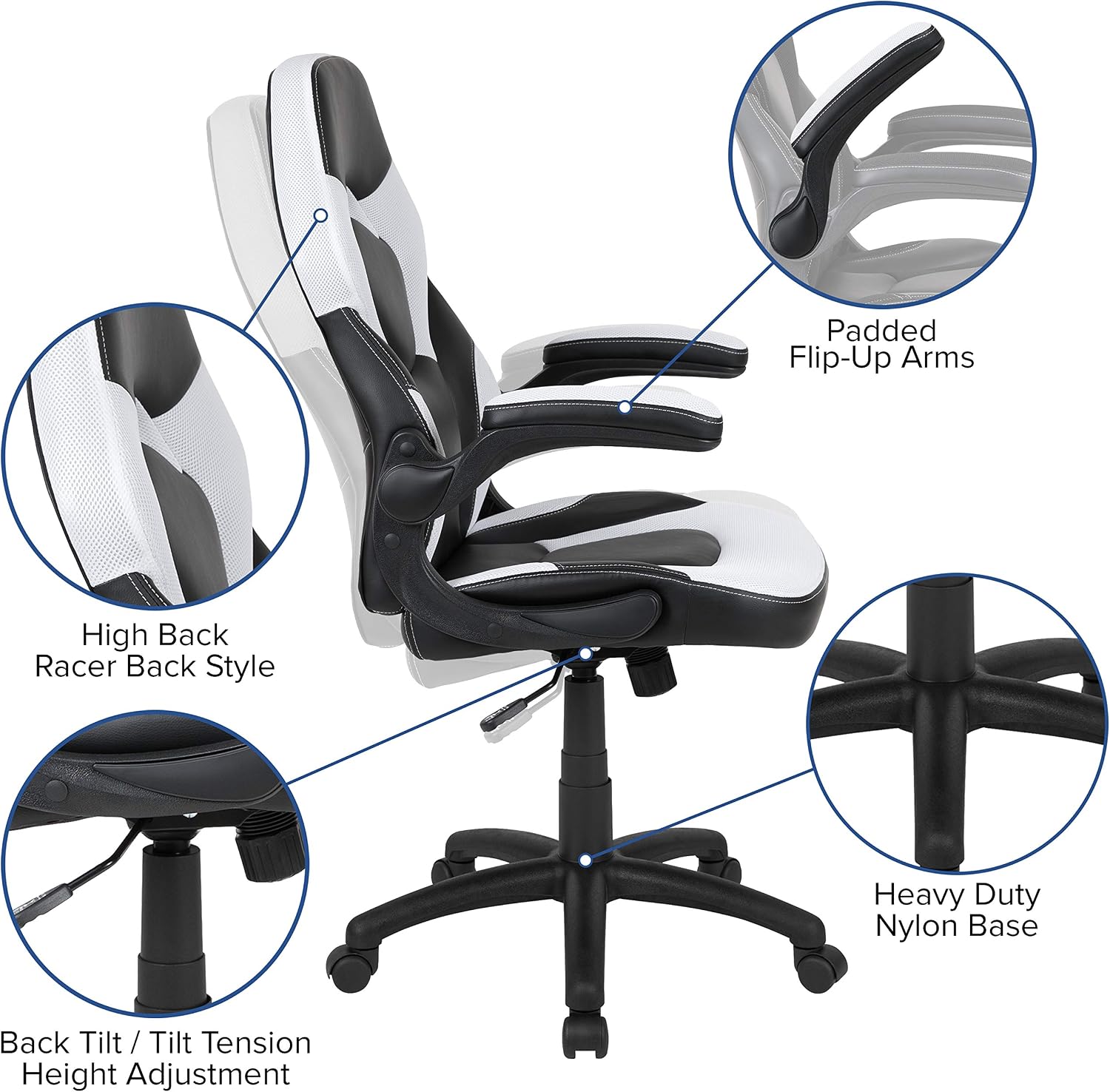 Flash Furniture X10 High-Back LeatherSoft Racing Style Gaming Chair with Flip-Up Arms, Ergonomic Padded Swivel Computer Chair, White/Black