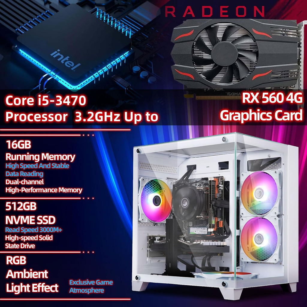 Gaming PC Intel Core i5-3470 3.2GHz, Radeon RX 560 4GB, 16GB DDR3 RAM, 512GB NVMe SSD, RGB Fan, Prebuilt Desktop Tower for Streaming & Daily Use