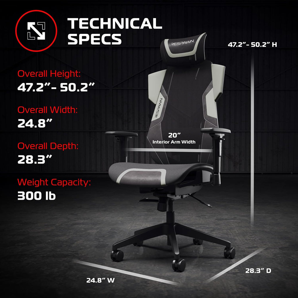 Respawn FLEXX Ergonomic Office and Gaming Chair with Lumbar Support - Breathable Mesh Recliner with Headrest & Adjustable Arms, Comfy Home Office Desk Chairs, Reclining Gaming Seat for Adults - Gray