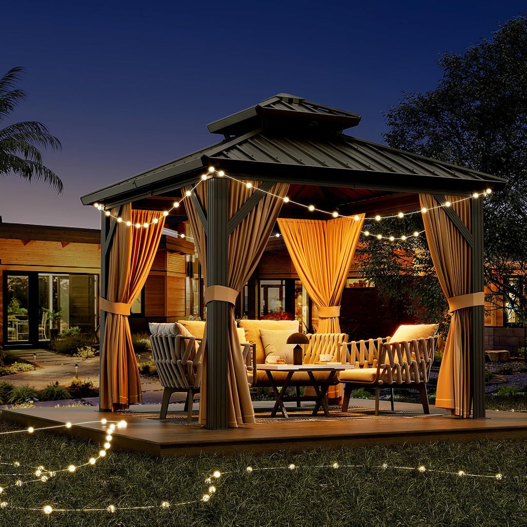 GarveeHome Outdoor Gazebos Canopy 10 x 10 ft Permanent with High Strength Aluminum Frame, Iron Double-Roof, Pavilion with Curtain and Netting for Patio, Lawn, Deck, Garden