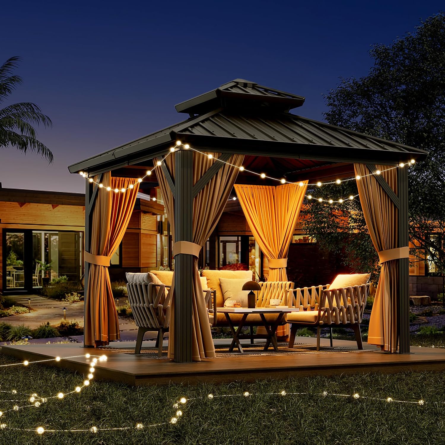 10'x10' Hardtop Gazebo, Heavy Duty Aluminum Permanent Hardtop Gazebo Outdoor Pavilion with Curtains and Netting for Garden