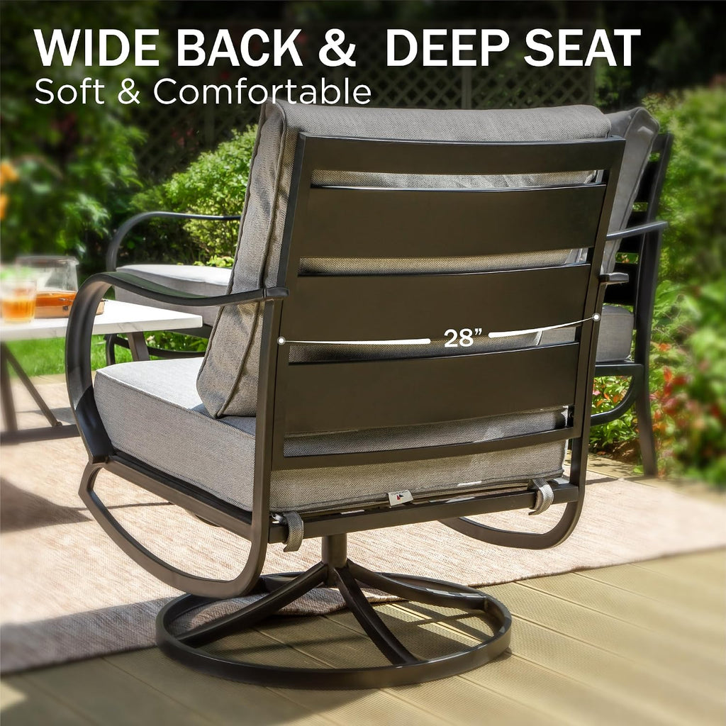 PHI VILLA 7 PCS Patio Furniture Set,Metal Outdoor Furniture with 1x 3 Seater Cushioned Deep Seating Bench Sofa, 2 Swivel Chair, 2 x Leg Chairs & 2 Ottoman for 7 Person, Grey
