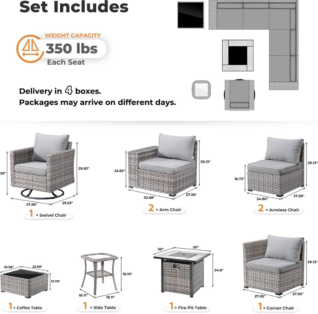 ovios 9 Pieces Patio Furniture Set, Outdoor Wicker Sectional Sofa with 30' Fire Pit Table Swivel Chair, Modern Modular Deep Seat Rattan Couch Conversation Sets, Dark Grey