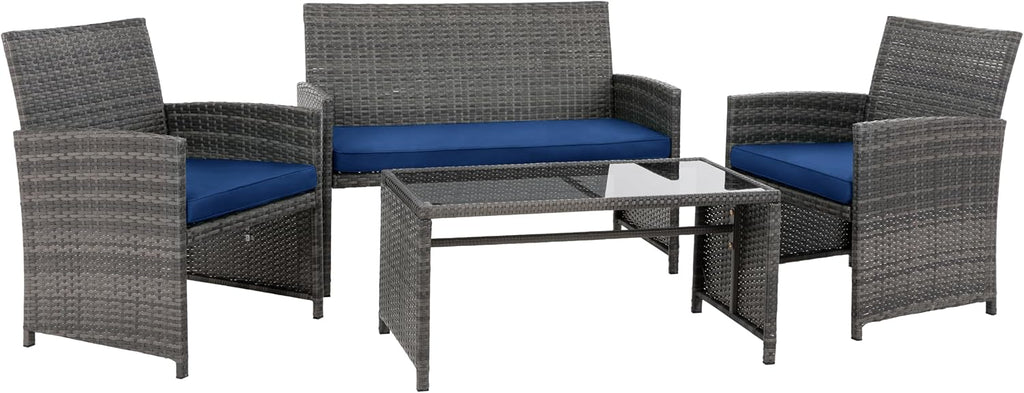 4 Piece Patio Ratten Set Outdoor Furniture Set Wicker Conversation Set with Cushions and Tempered Glass Tabletop,Deep Blue