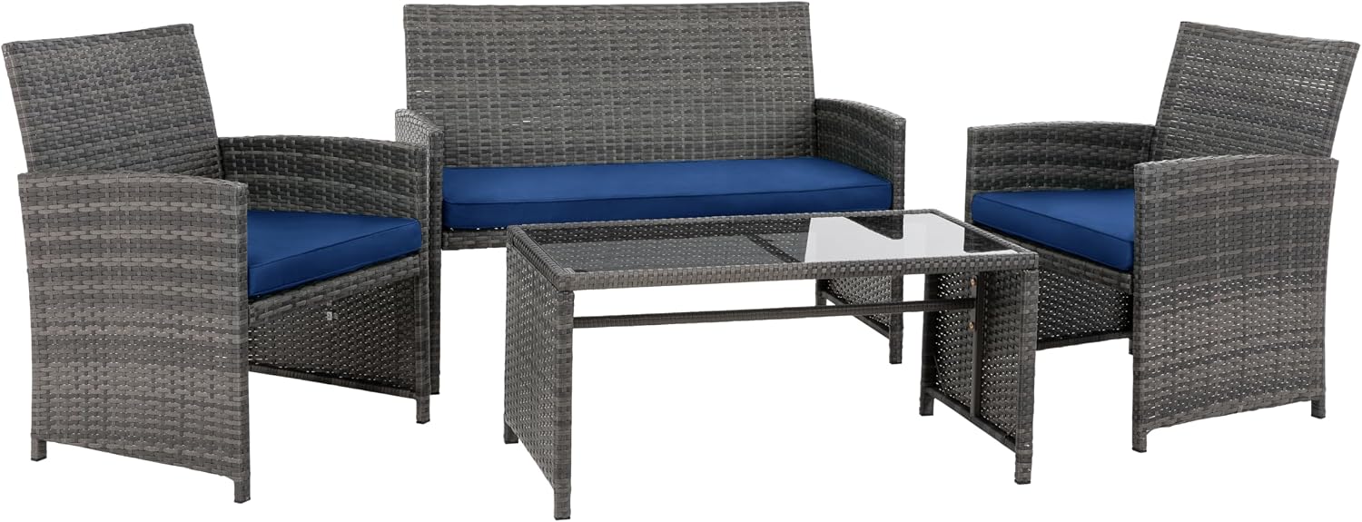 4 Piece Patio Ratten Set Outdoor Furniture Set Wicker Conversation Set with Cushions and Tempered Glass Tabletop,Deep Blue