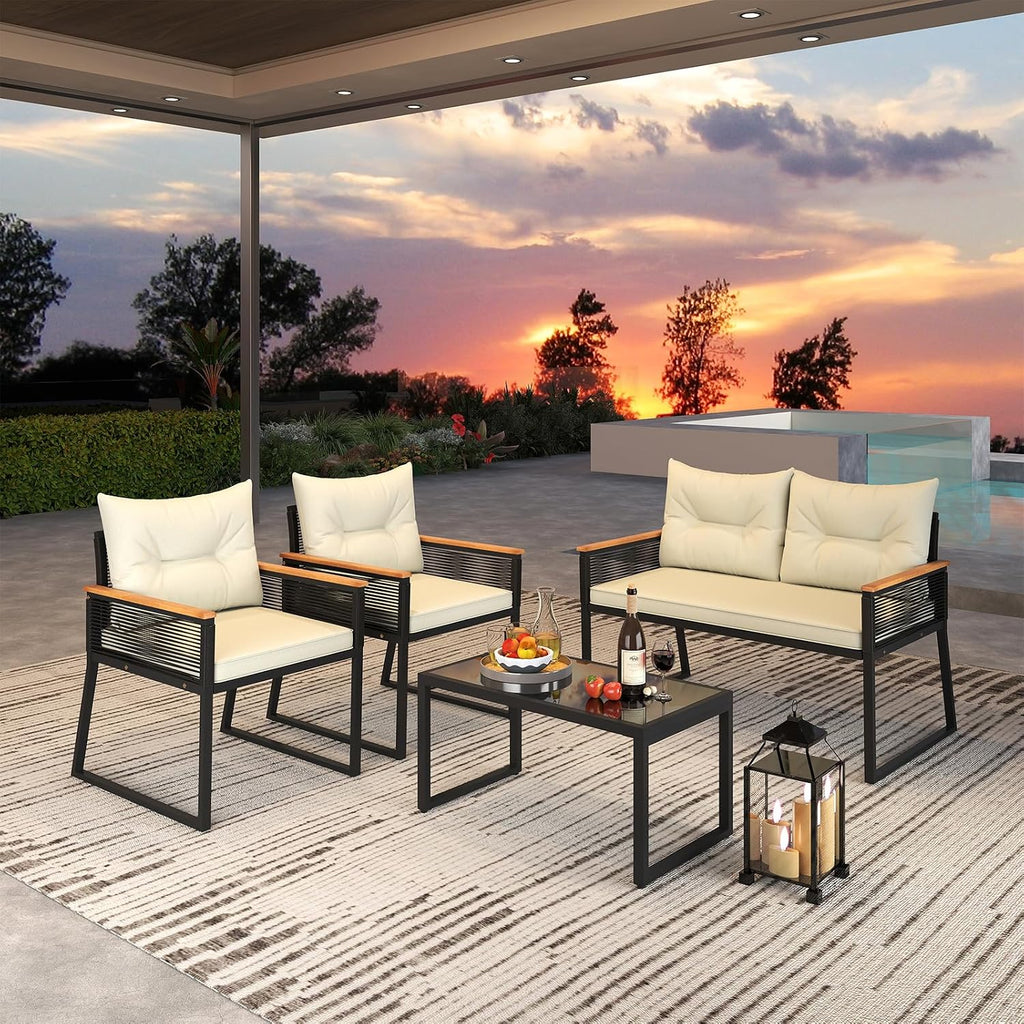 Tangkula 4 Pieces Patio Wicker Furniture Set, Heavy Duty Outdoor Cushioned Conversation Set with Tempered Glass Coffee Table, for Garden, Yard and Poolside (Off White,2)