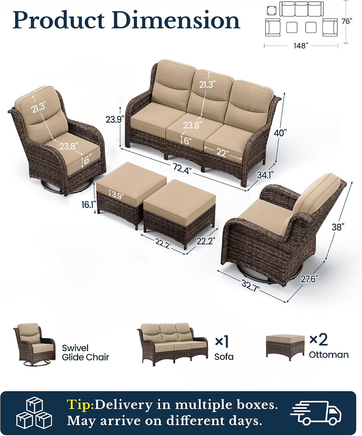 HILLGA Luxury High Back Patio Furniture Set with 6-Inch Thick Cushion, 5-Piece Outdoor Conversation Set with Sofa, Swivel Rocker Chairs & Ottomans, Ideal for Porch Pool Deck Yard (Beige)