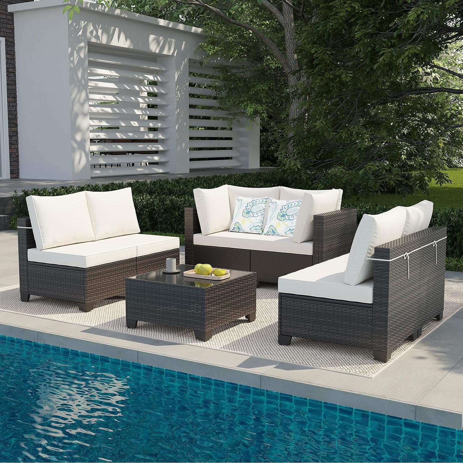 7 Pieces Outdoor Conversation Sectional Rattan Sofa, Patio Furniture Set, with Wicker and Cushions for Garden and Backyard (Brown/Beige)