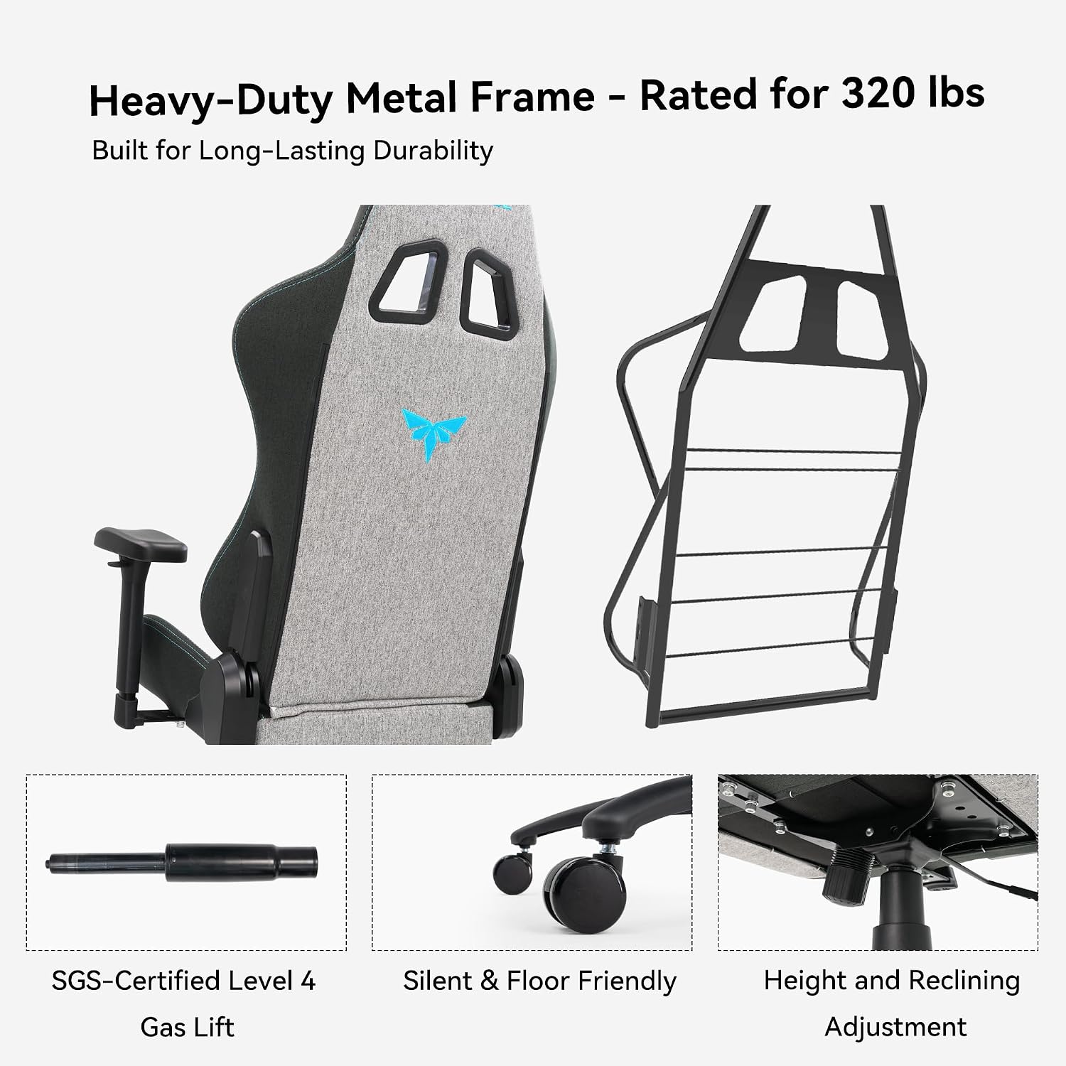 Gaming Chair 4D Adjustable Armrests - 155° Reclining & 320lb Capacity, High Back Ergonomic Computer Chair with Lumbar Support, Fabric Office Chair for Adults (Gray)