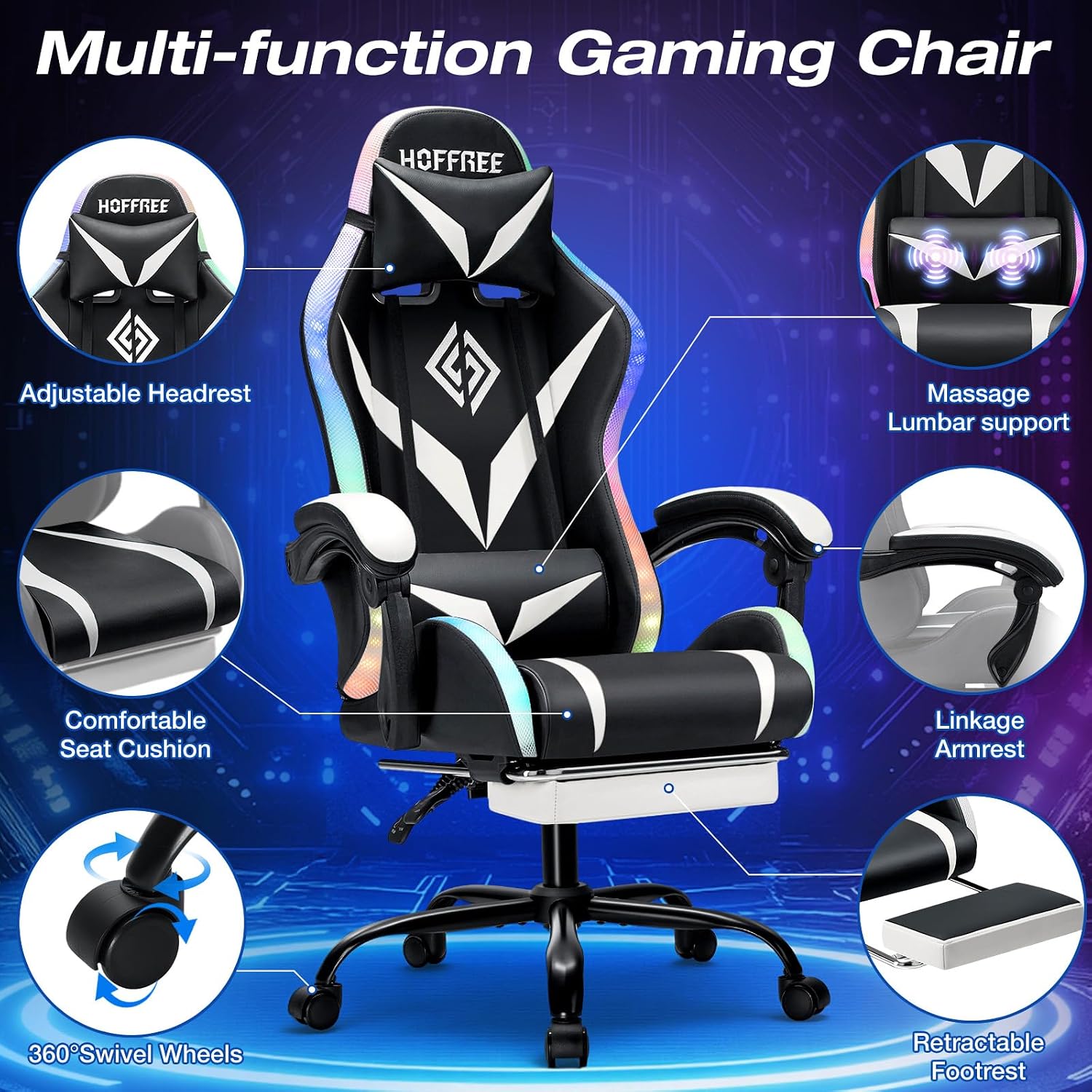 RGB Gaming Chair with Massage and LED Lights Ergonomic Computer Chair with Footrest Reclining High Back Video Game Chair for Adults with Adjustable Lumbar Support White and Black