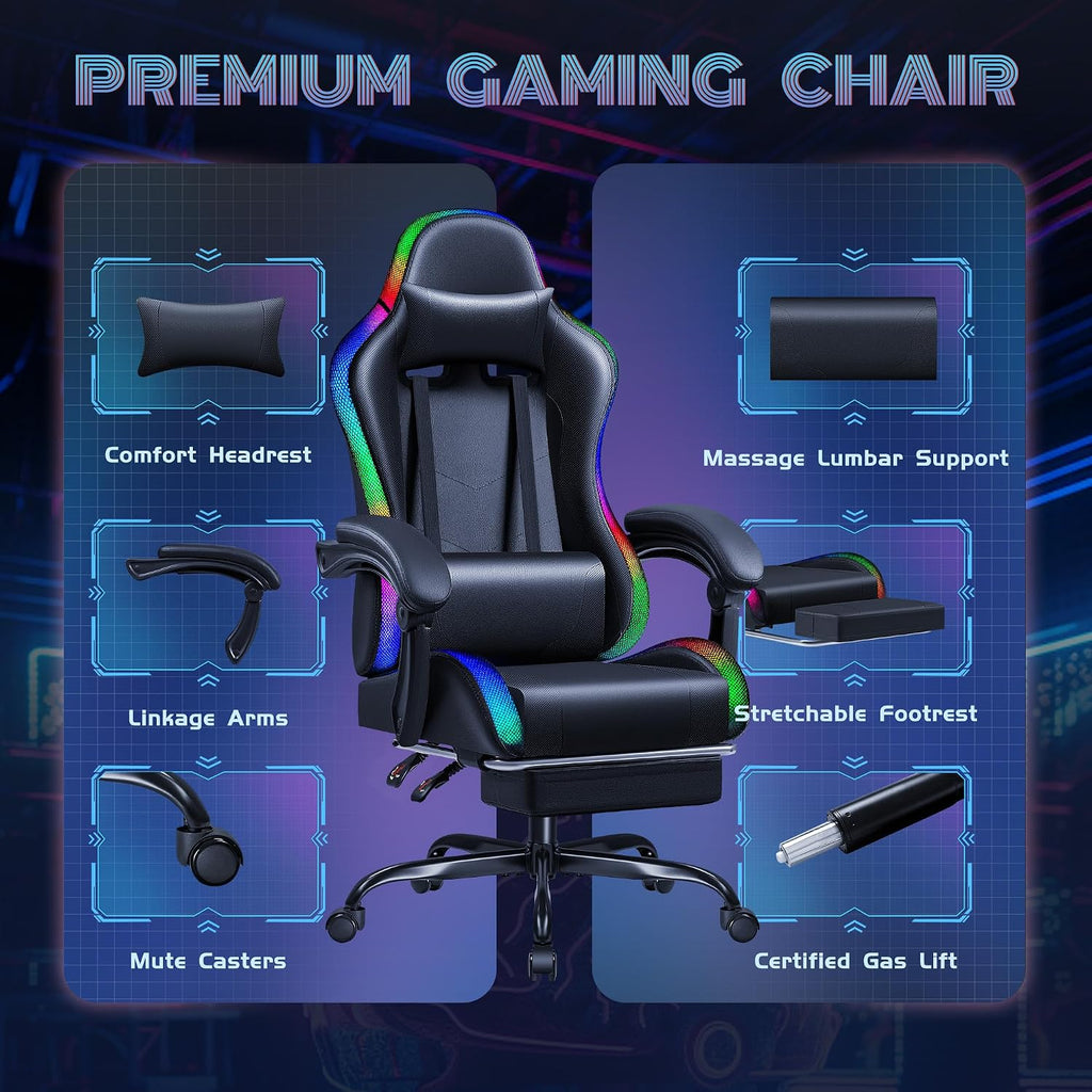Furmax Gaming Chair with RGB LED Lights, Video Game Chair with Footrest and Massage Lumbar Support, High Back Reclining Computer Chair with Headrest, Swivel Seat Gamer Chair (LED Black)
