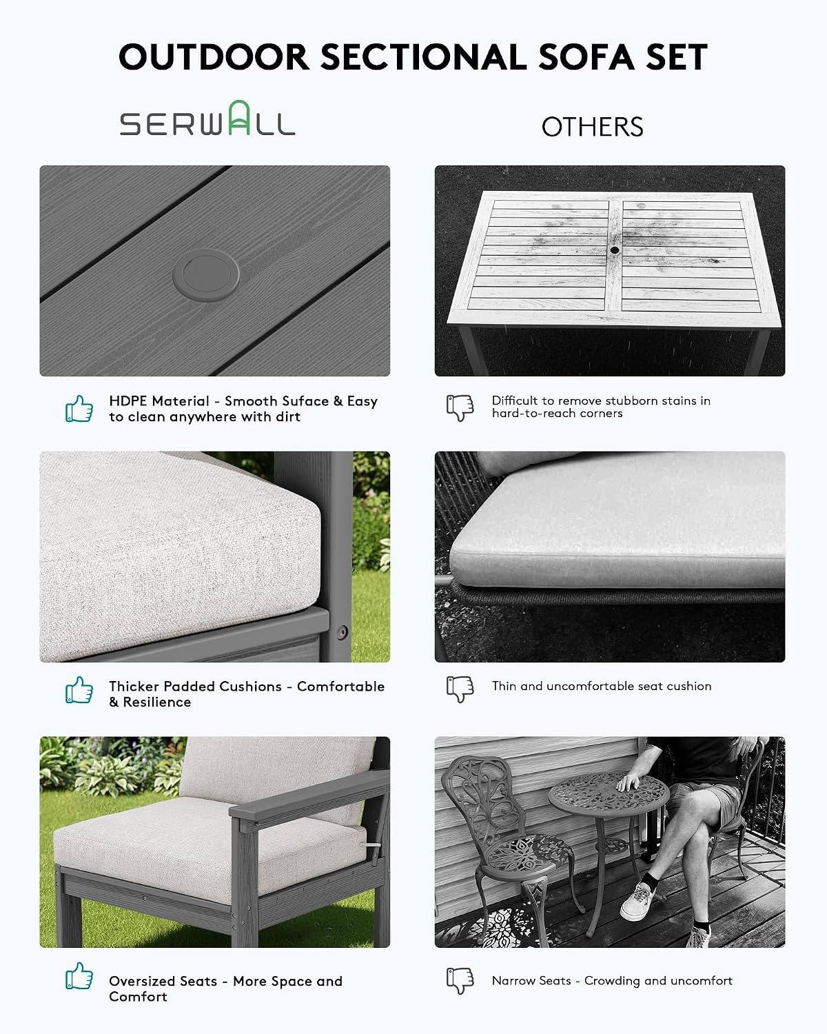 SERWALL HDPE Patio Sofa Set, 4-piece Sectional Outdoor Furniture Set, All Weather Outdoor Couch Set Patio Furniture Set for Deck, Lawn, Grey Frame with Khaki Cushion