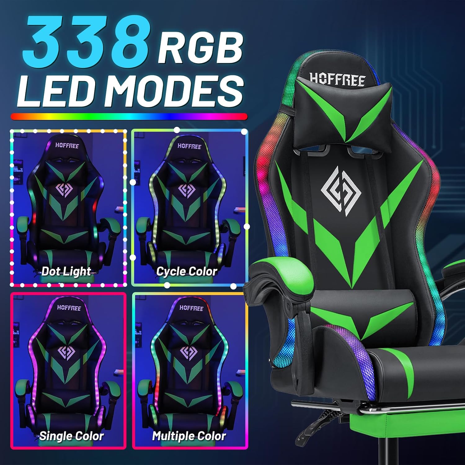 HOFFREE RGB Gaming Chair with Speakers and Massage Ergonomic Computer Chair with Lights and Footrest Reclining Video Game Chairs for Adults Green and Black