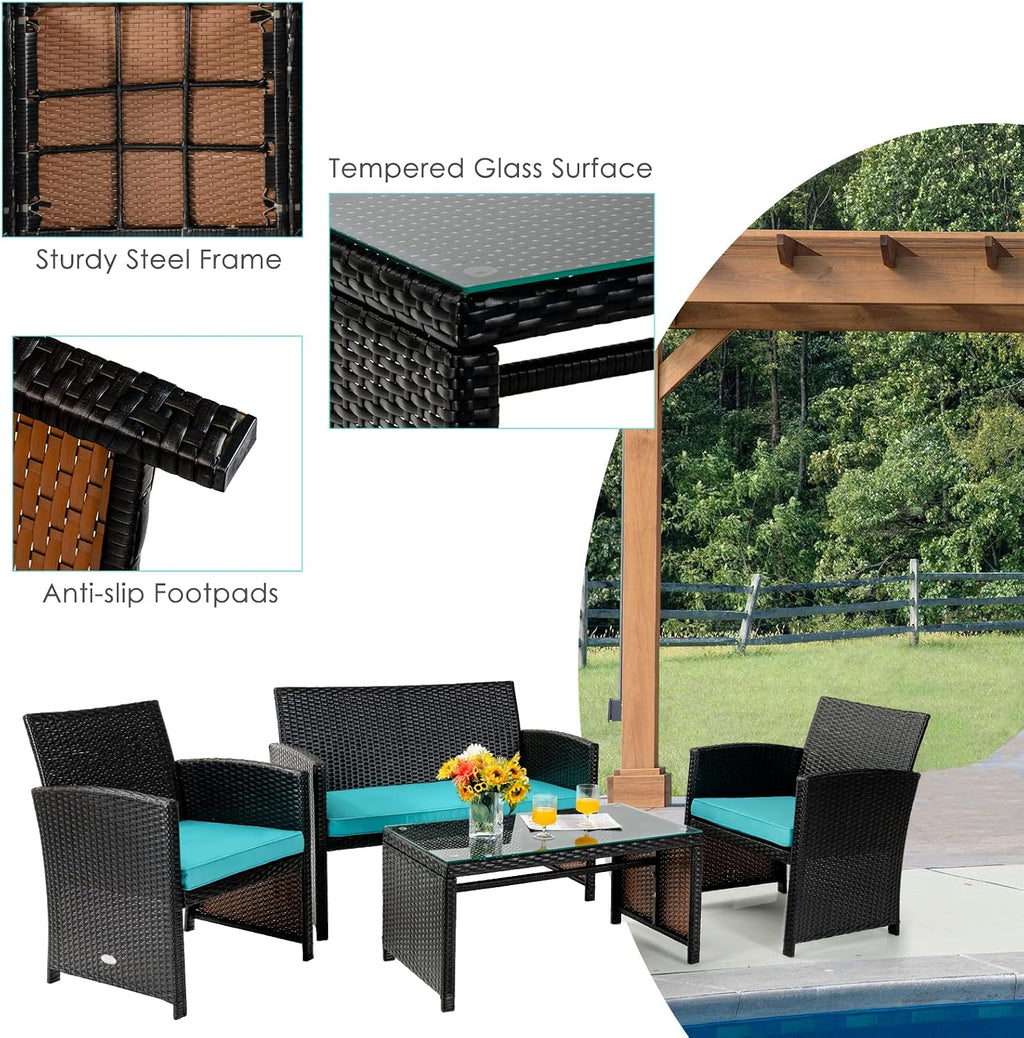 COSTWAY 4 Piece Patio Furniture Set, Outdoor PE Rattan Wicker Sectional Sofa with Cushion and Coffee Table, Patio Conversation Sets for Balcony Lawn Porch Patio Backyard Garden Poolside, Turquoise