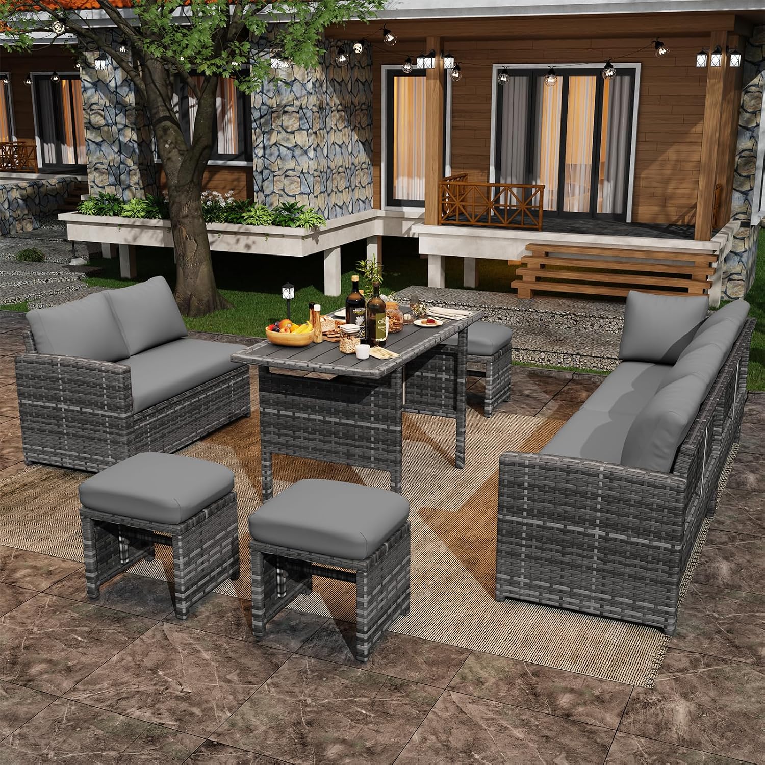 U-MAX 7 Pieces Patio Furniture Set, Outdoor Sectional Sofa Conversation Set, All Weather Wicker Rattan Dining Table & Chair with Ottoman, Grey Rattan&Grey Cushion