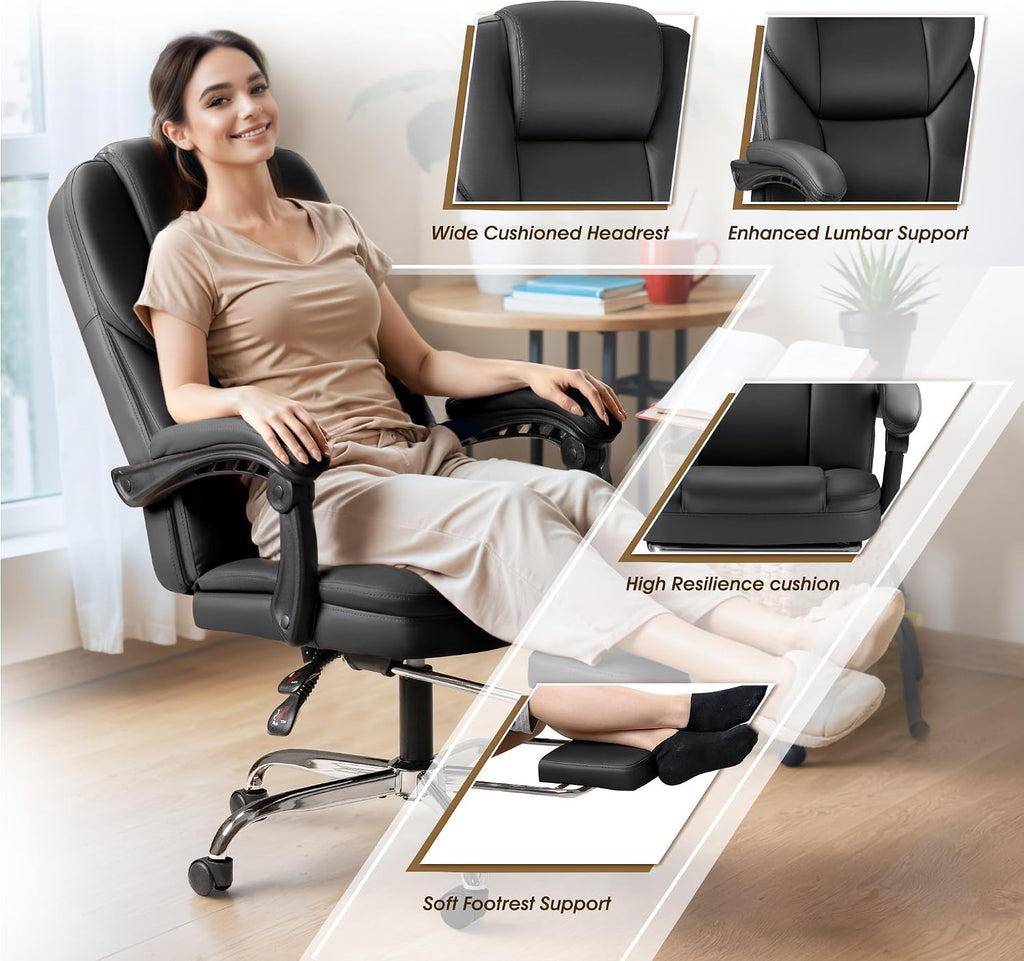 Furmax Massage Office Chair with Foot Rest Executive Big and Tall Office Chair Ergonomic Home Office Desk Chairs, Reclining High Back Leather Chair with Lumbar Support, 400LBS (Black)