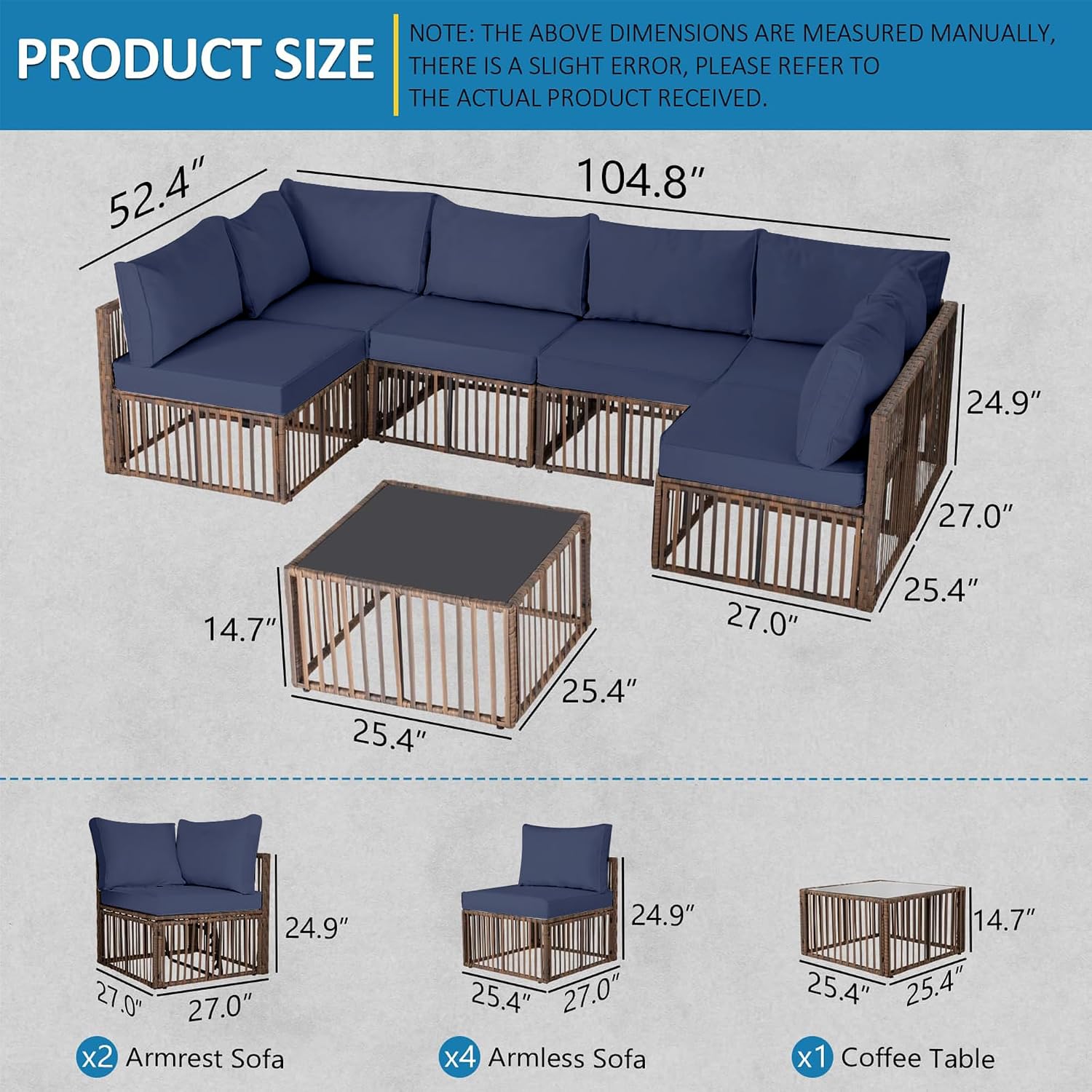 FHFO 7 Piece Patio Furniture Set, Outdoor Wicker Sectional Sofa Conversation Set Couch with Adjustable Backrest, Thick Cushion & Coffee Table for Garden, Porch, Poolside, Brown/Blue