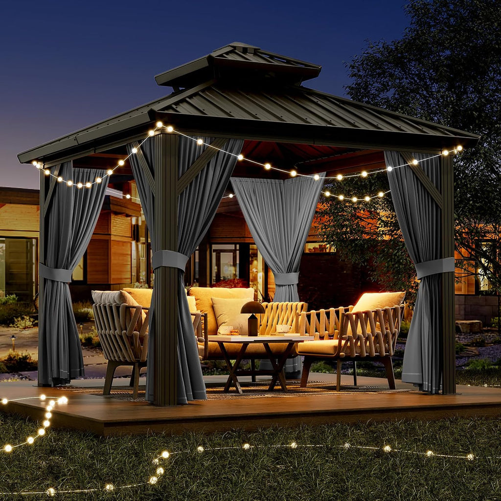GarveeHome Outdoor Gazebos Canopy 10 x 10 ft Permanent with High Strength Aluminum Frame, Iron Double-Roof, Pavilion with Curtain and Netting for Patio, Lawn, Deck, Garden