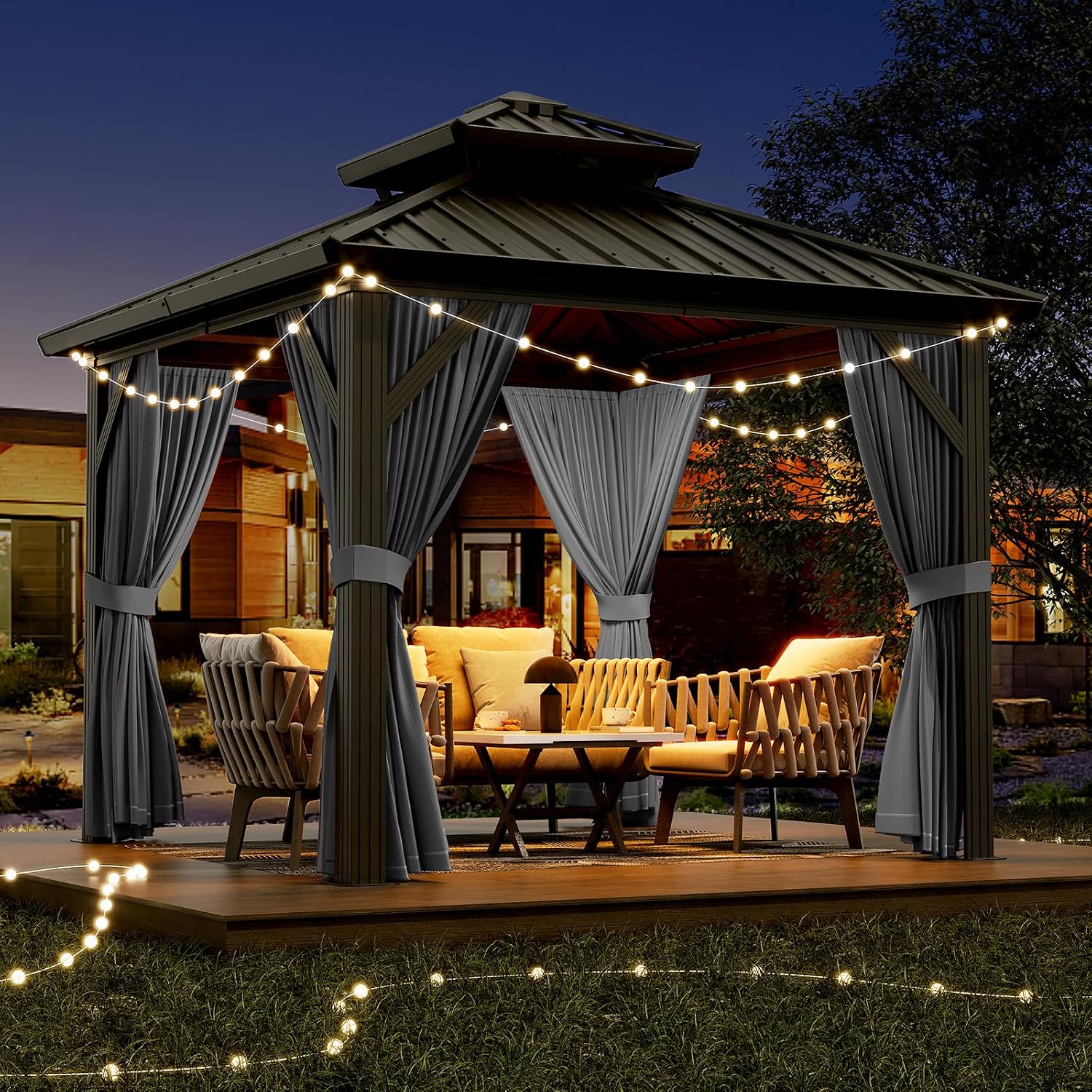 GarveeHome Outdoor Gazebos Canopy 10 x 10 ft Permanent with High Strength Aluminum Frame, Iron Double-Roof, Pavilion with Curtain and Netting for Patio, Lawn, Deck, Garden