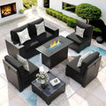7 Piece Patio Furniture Set with Fire Pit Table, Outdoor Sectional Conversation Sets Black Wicker Rattan Sofa with Coffee Table for Patio Garden Backyard, 4'' Thickened Cushion Black