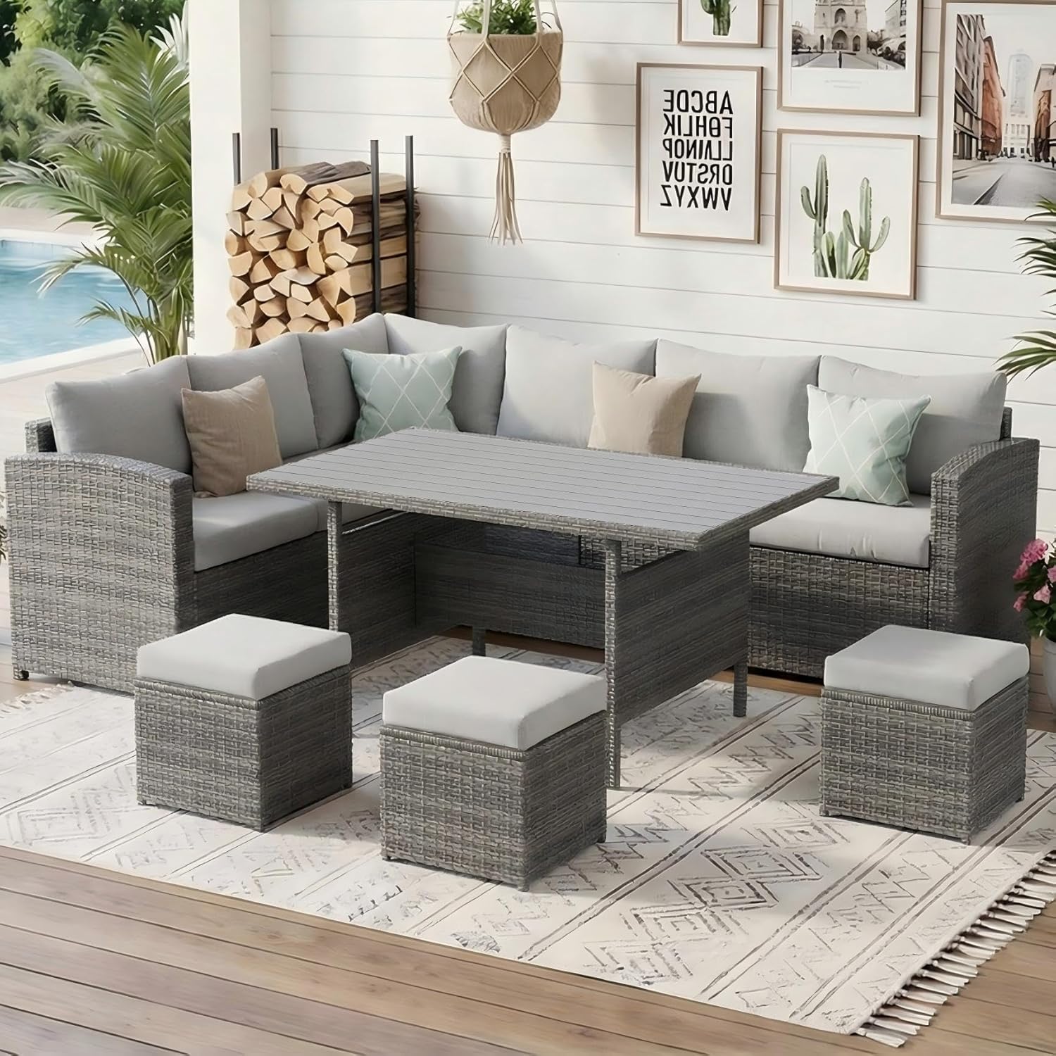 Wisteria Lane 7 Piece Patio Furniture Set, Wicker Patio Sectional with Wide Armrest, All Weather Outdoor Dining Set, Outdoor Furniture Patio Conversation Set with Ottoman, Ash Gray