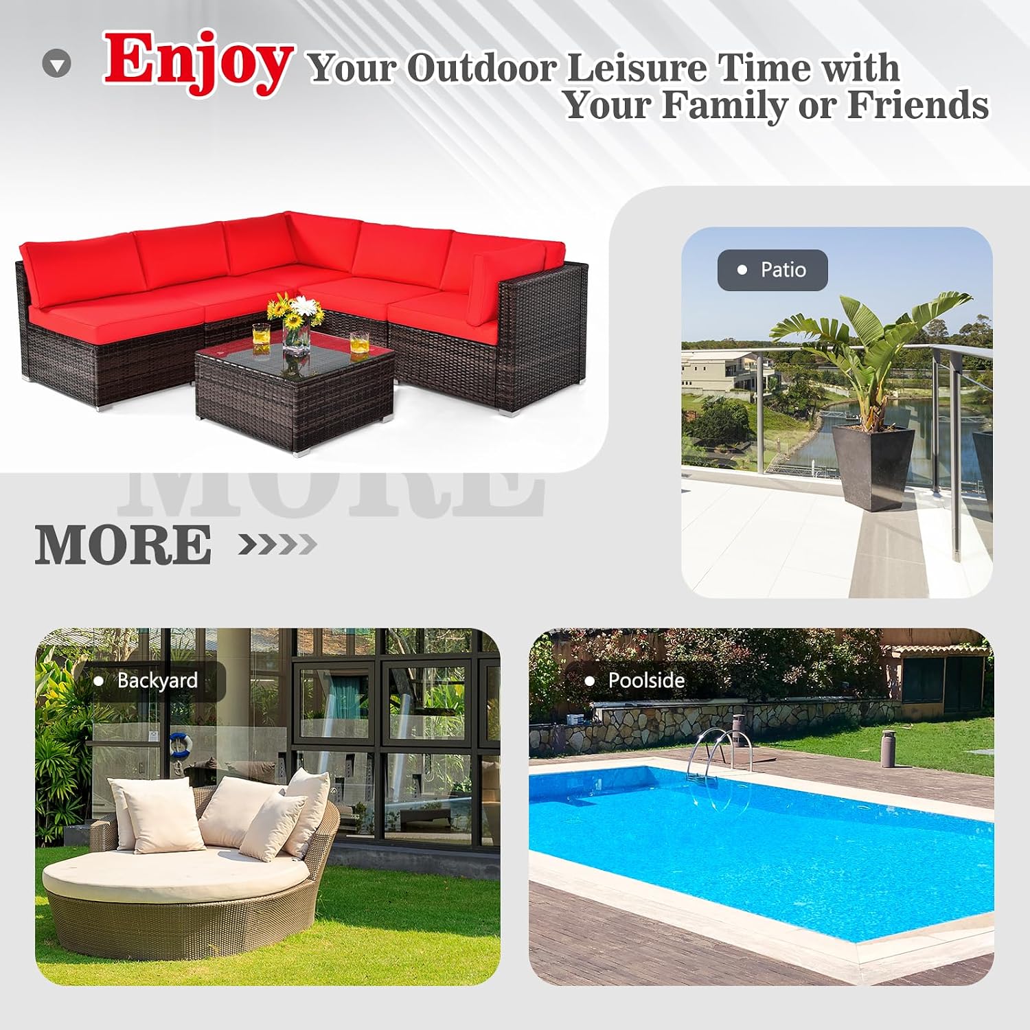 COSTWAY 6-Piece Outdoor Patio Furniture Set, Rattan Sectional Sofa Set with Tempered Glass Coffee Table and Cushions for Garden, Deck, Backyard (Red)