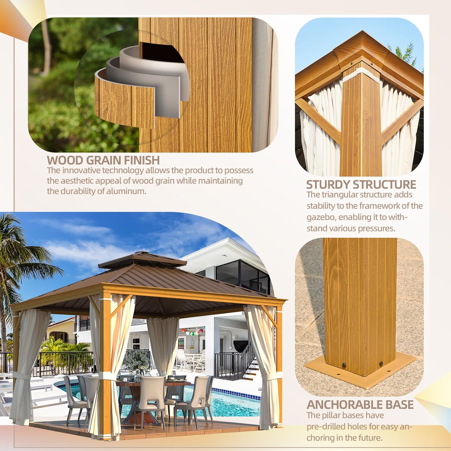 YOLENY 12'x12' Hardtop Gazebo, Wood Grain Aluminum Frame Canopy with Galvanized Steel Double Roof, Outdoor Patio Gazebo with Netting and Curtains for Backyard, Patio, Lawns
