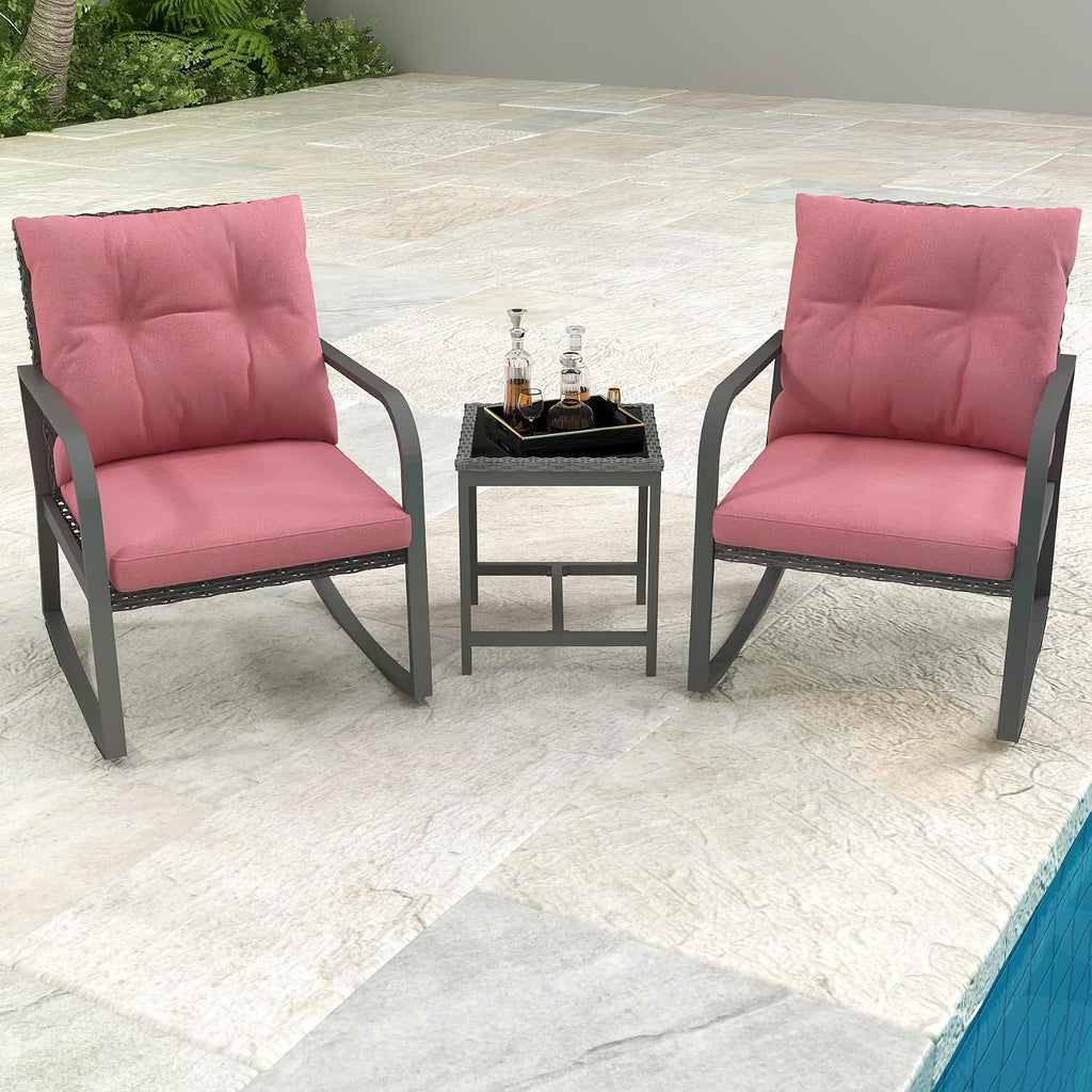 3 Piece Rocking Bistro Patio Set, Outdoor Rocking Chair, Outdoor Bistro Sets Wicker Patio Furniture Rocking Chairs Sectional Couch with Tempered Glass Top Coffee Table & Cushions, Red